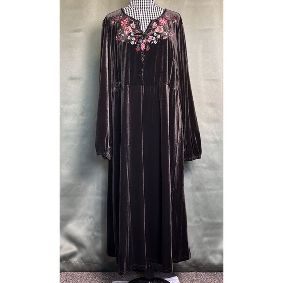 Emery Rose Boho Velvet Midi Dress XL Brown Long Sleeve Floral Embroidery NEW! - Picture 1 of 8